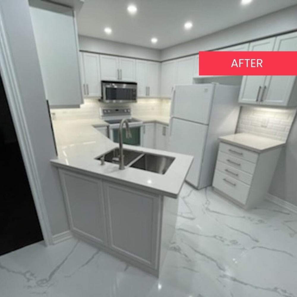 After view of a bright refinished kitchen cabinet project in Oakville