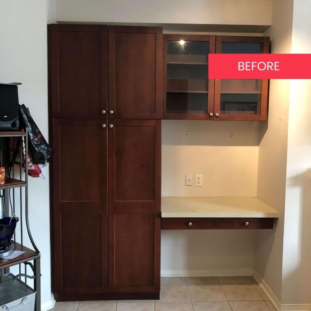 Before view of a Burlington cabinet refinishing project